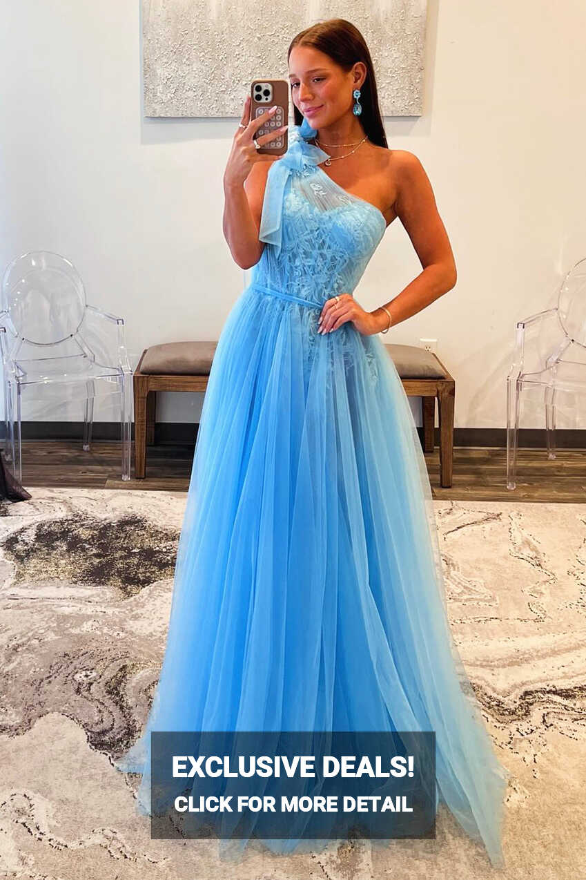 Sky Blue Tull Lace Long Prom Dress, Beautiful One Shoulder Evening Par