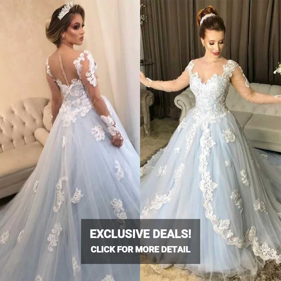 Sky Blue Wedding Dresses Long Sleeve Illusion Backless Lace ...