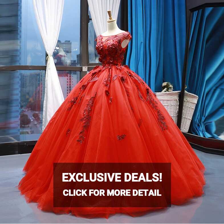 Sleeveless Bridal Ball Gown Red Lace Flowers Princess Wedding ...