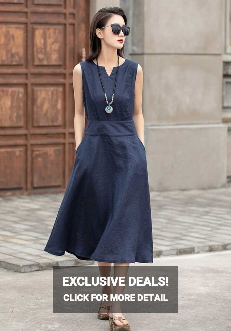 Sleeveless Linen Midi Dress, Casual Sun Dress, Linen Midi Dress ...