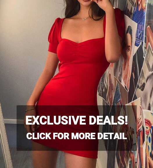 Slim Solid Color Short-Sleeved Red Dress