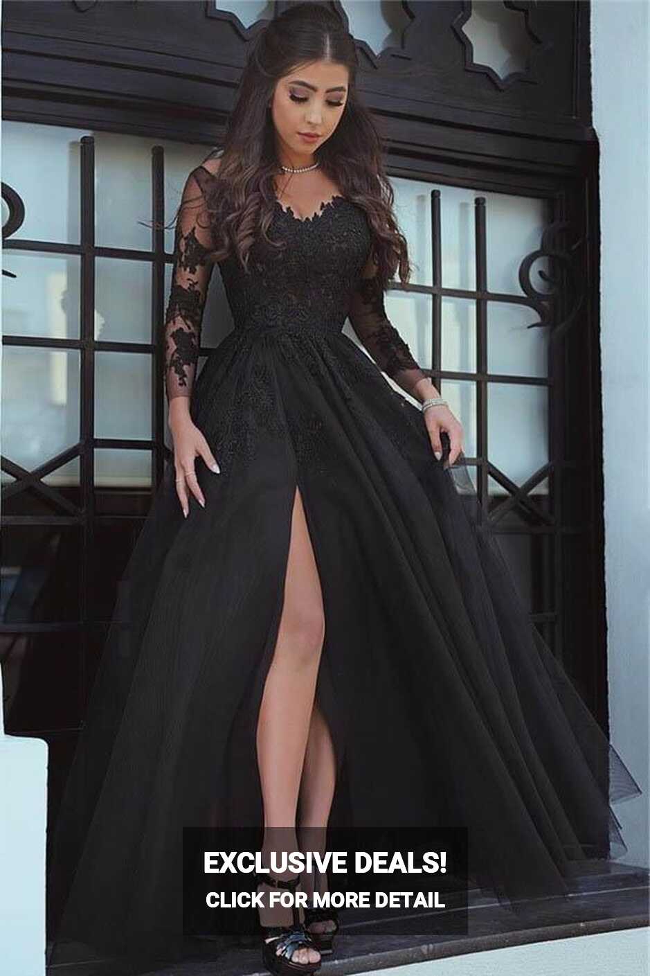 Slit Glamorous Lace Black Long-Sleeve Evening Dress Prom Dress ...