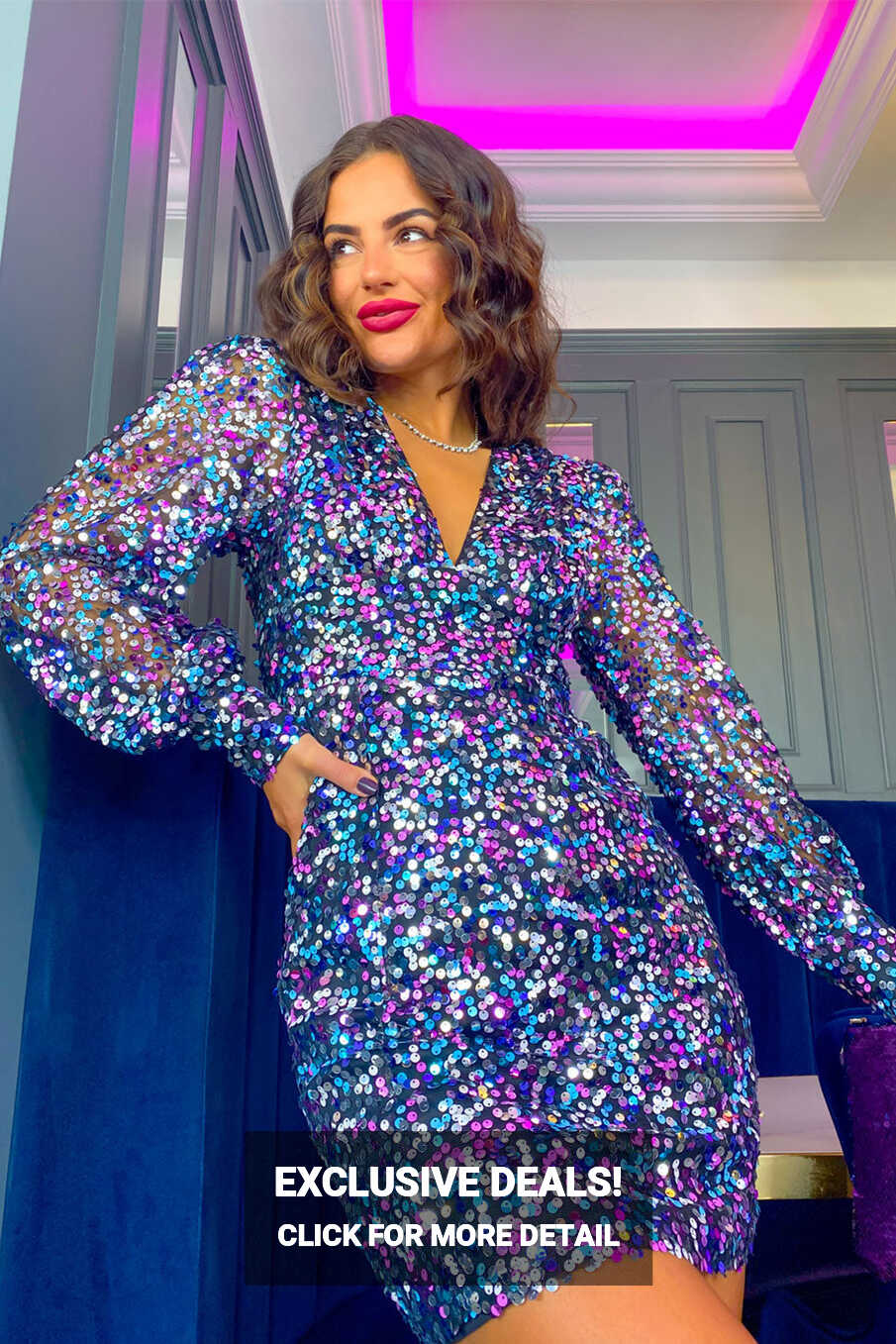 So Sensational - Pink Blue Sequin Long Sleeve Mini Dress – DLSB