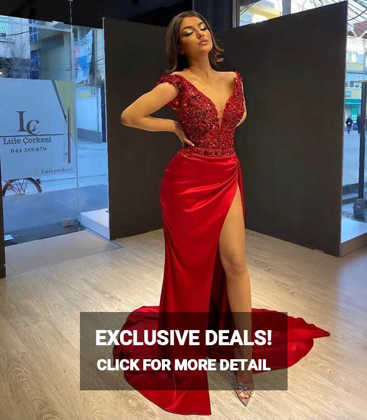 SoDigne Elegant red Satin Long Prom Dresses V Neck Crystal Beads ...