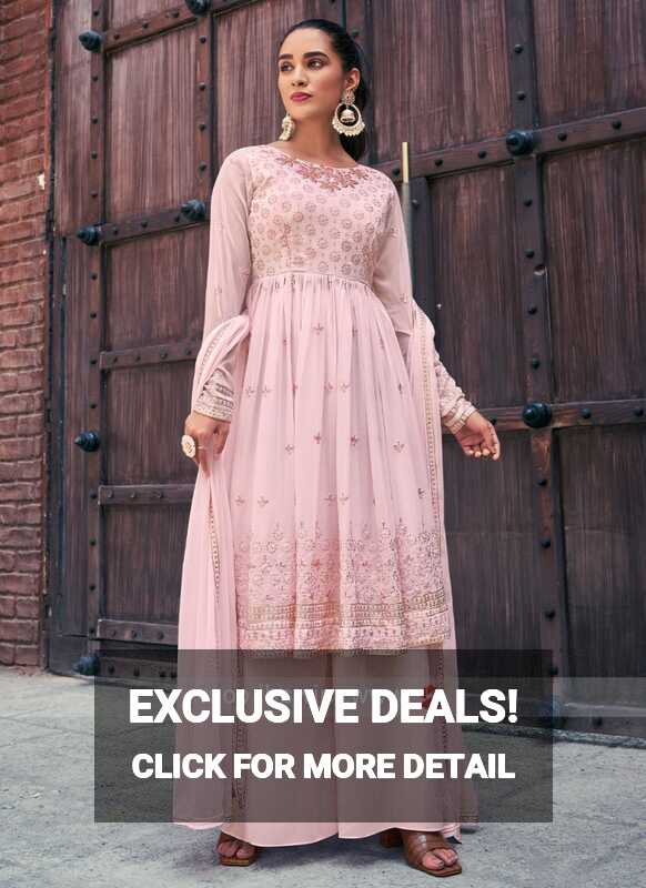 Soft Pink Embroidered Flared Kurti with Palazzo