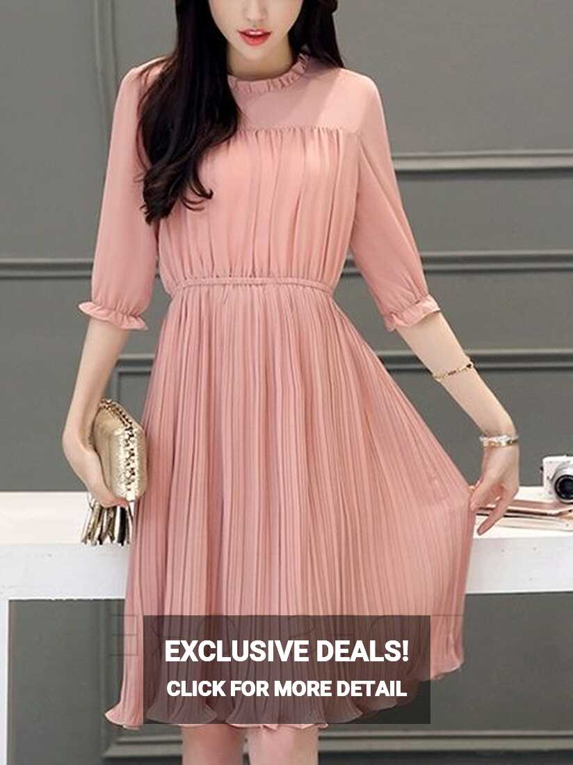 Solid Color Long Sleeve Chiffon Knee Length Day Dress | Stylish ...