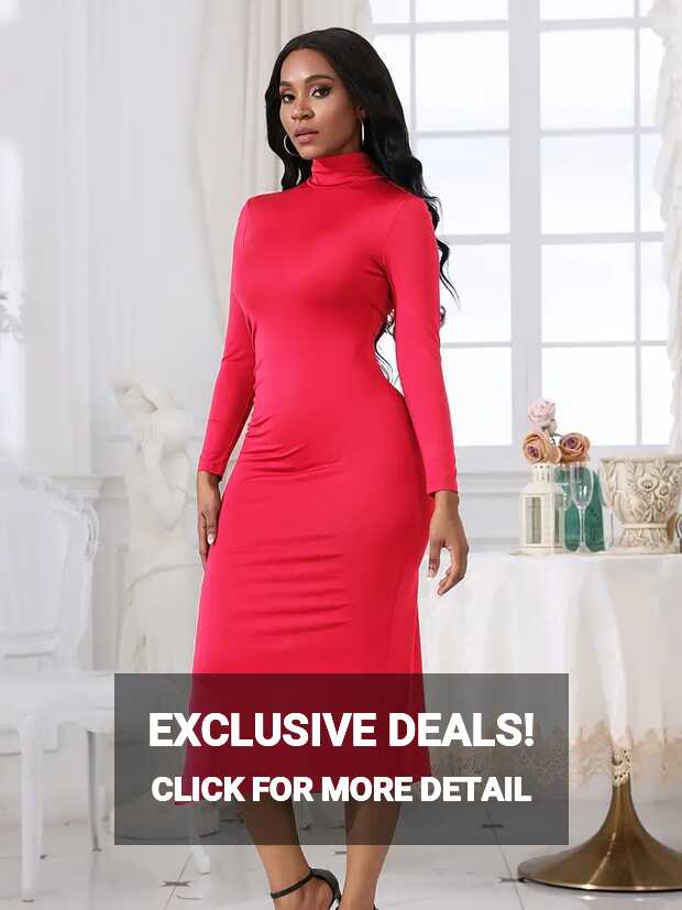 Solid Mock Neck Dress Casual Long Sleeve Bodycon Split Dress ...