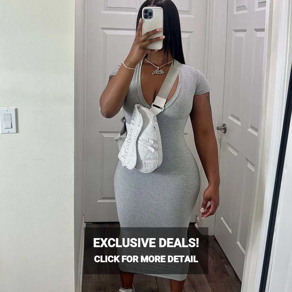 Solid Ribbed Knit Bodycon Maxi Dress Women Short Sleeve V-neck ...