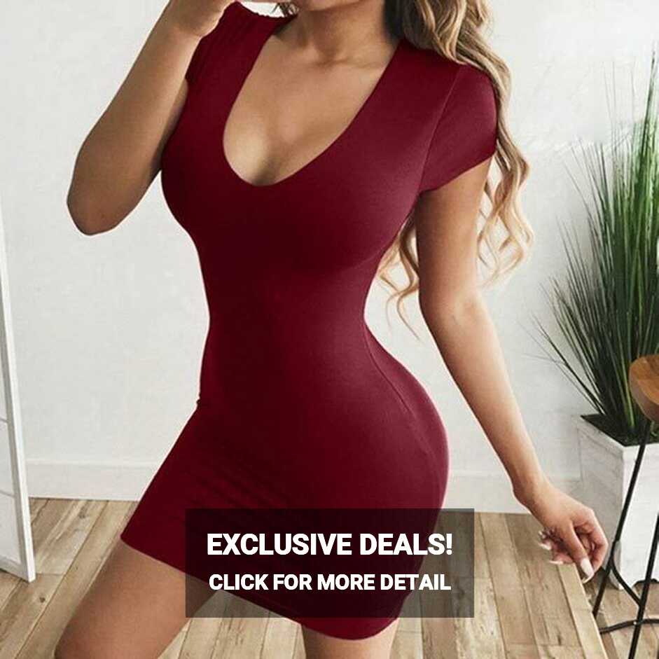 Solid Short Dresses Tight Summer Women&#39;s Short Sleeve Dress Party ...