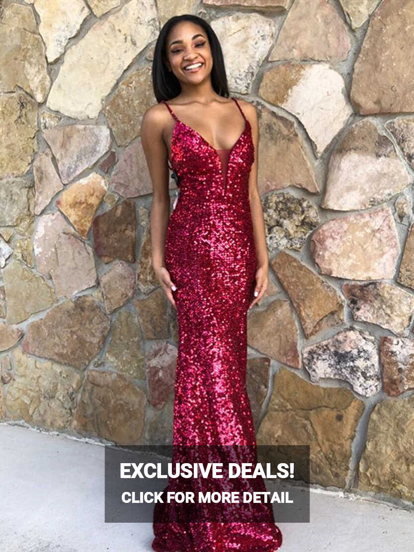 Spaghetti Long Sheath Burgundy Sequin Prom Dresses, Simple Sparkle ...