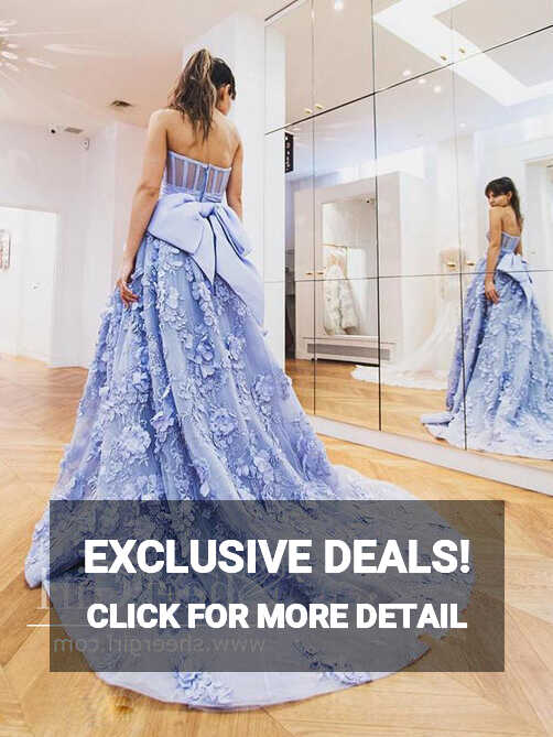 Spaghetti Strap Flower Applique Sky Blue Prom Dresses Ball Gown ...