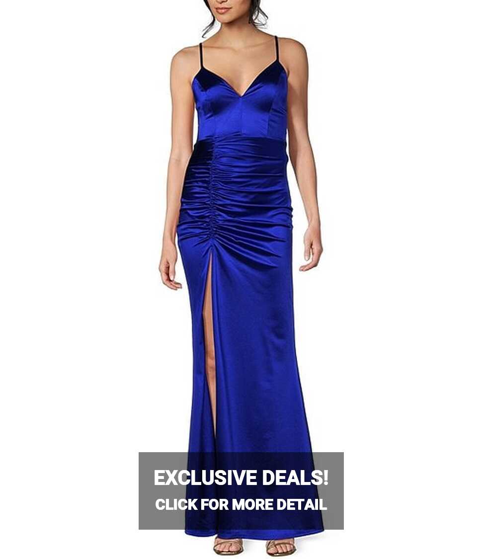 Spaghetti-Strap V-Neck Ruched Slit Silky Long Dress | Dillard&#39;s