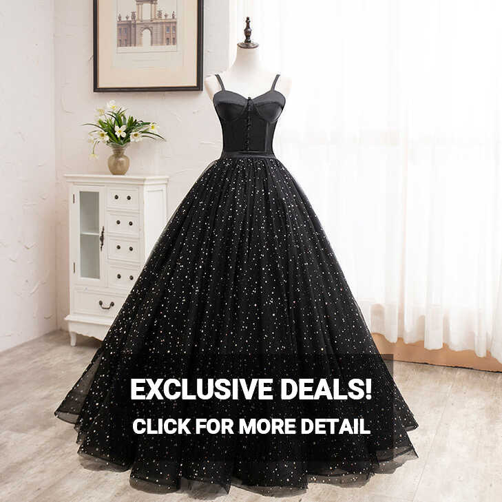 Spaghetti Straps Ball Gown Black Princess Prom Dresses ...