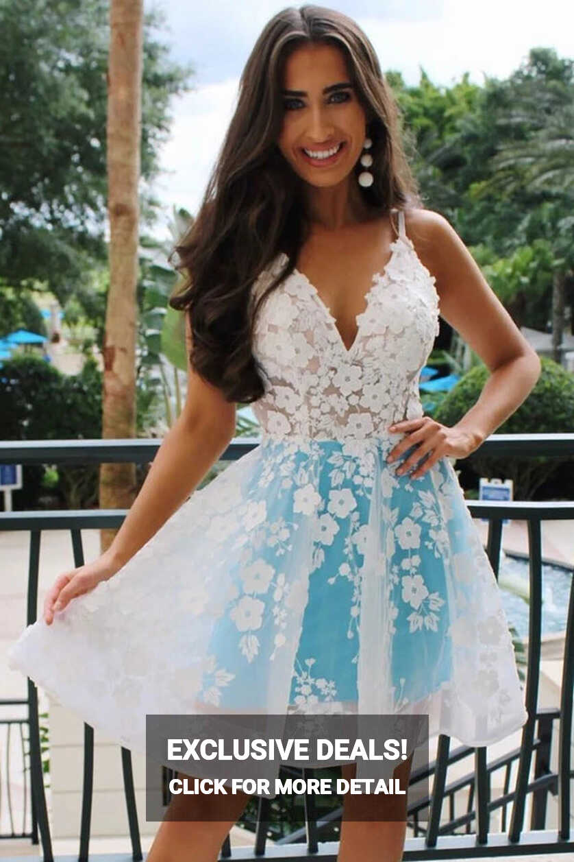 Spaghetti Straps Blue Applique Homecoming Dresses,MH511 | Musebridals