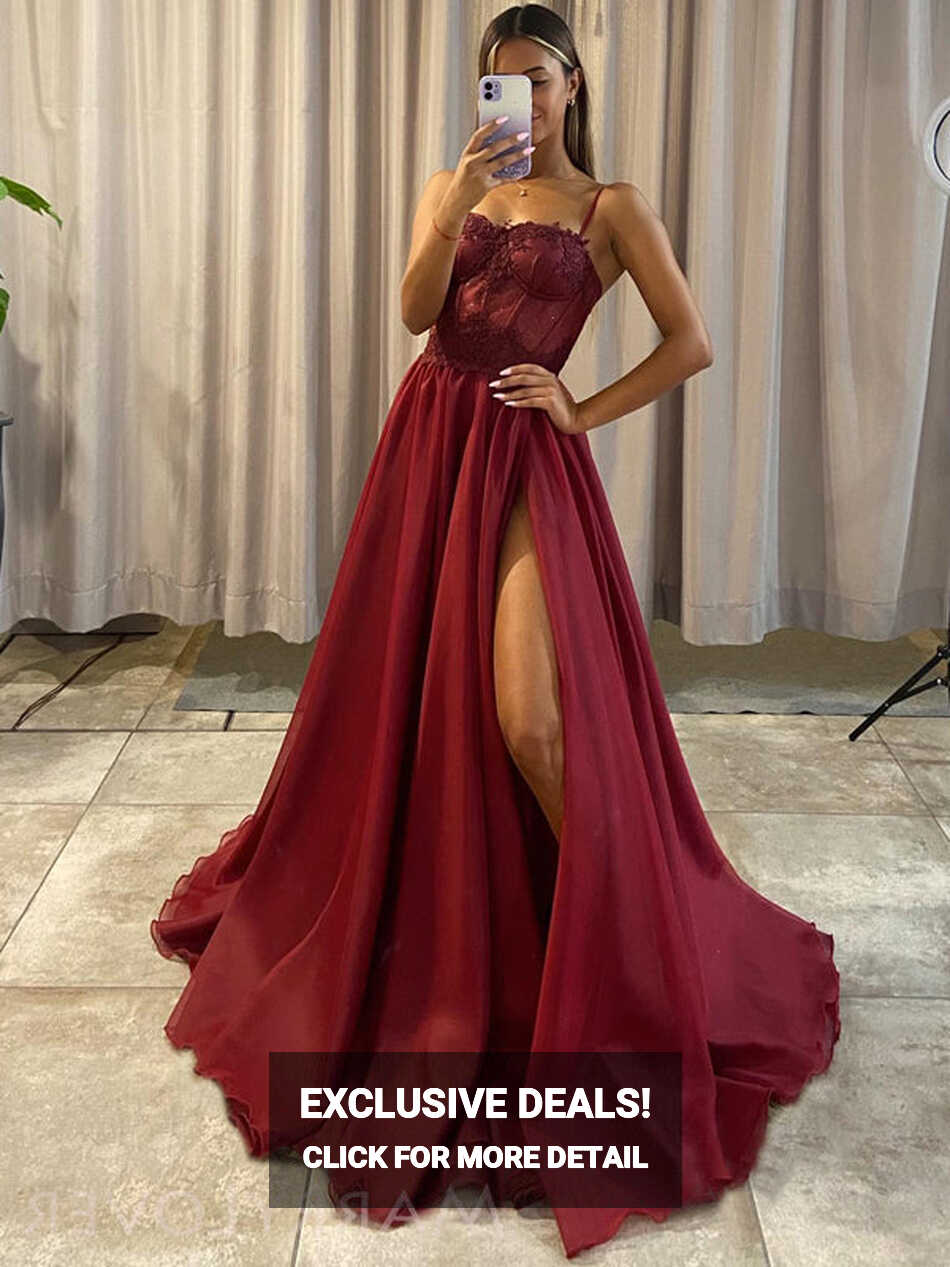 Spaghetti Straps Burgundy Organza Appliques Long Evening Prom ...