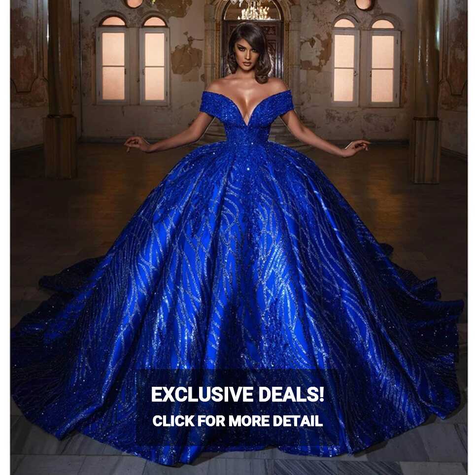 Sparking Royal Blue Wedding Dress Sweetheart Cap Sleeves Bridal ...