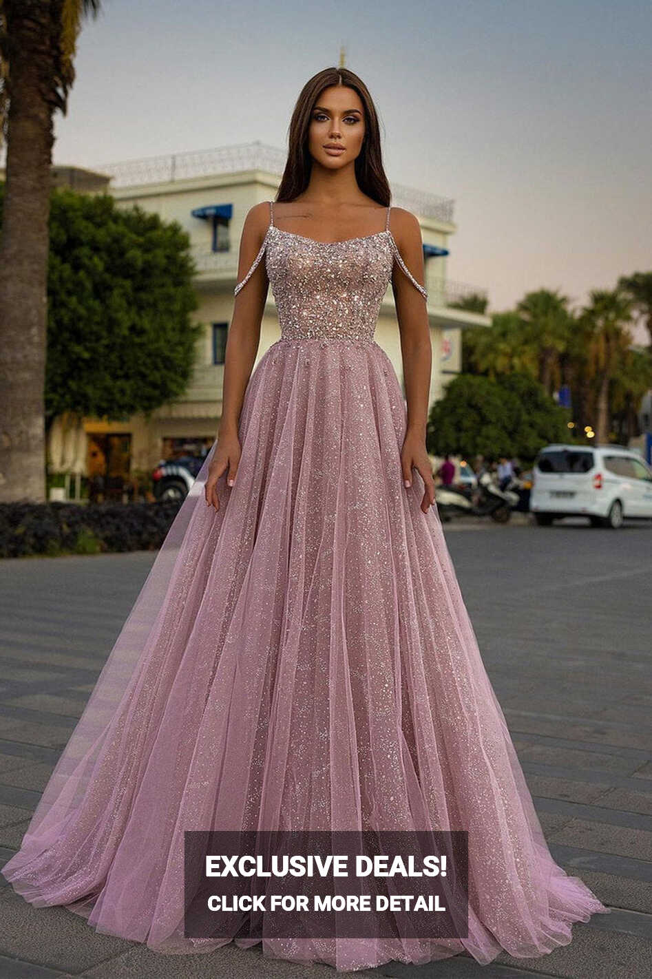 Sparkle Beaded Spaghetti straps A-line Pink Princess Prom Dress ...