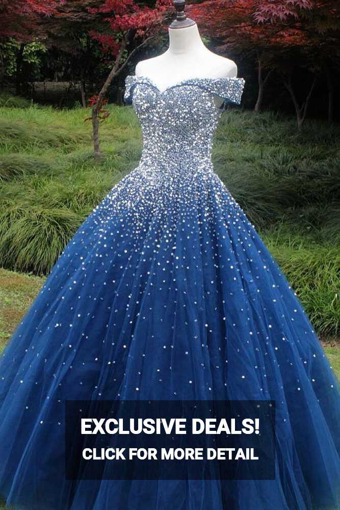 Sparkle Off the Shoulder Blue Ball Gown Prom Dresses, Puffy Tulle ...