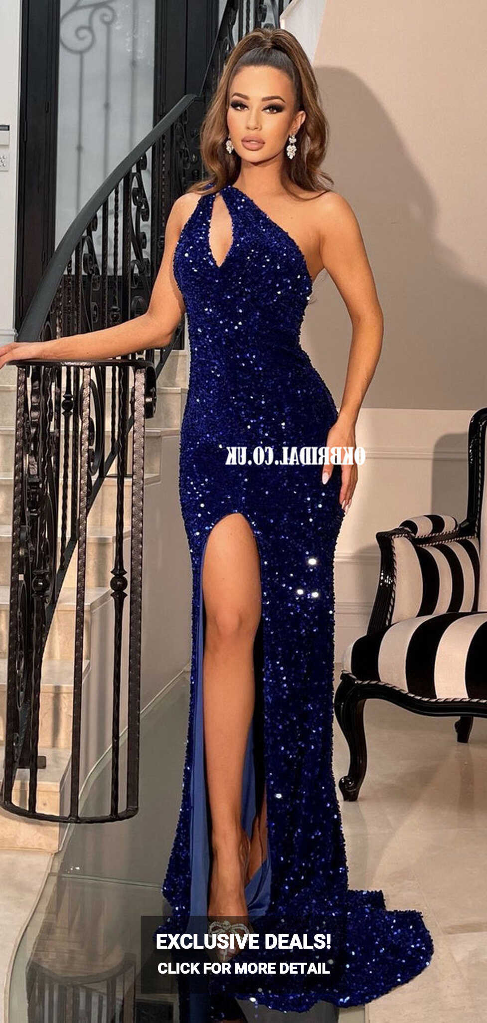 Sparkle Sequin Royal Blue Mermaid Slit One Shoulder Prom Dresses ...