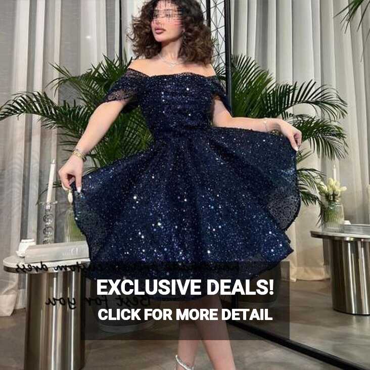 Sparkling Navy Blue Prom Party Dresses Off Shoulder Sequins Tulle ...