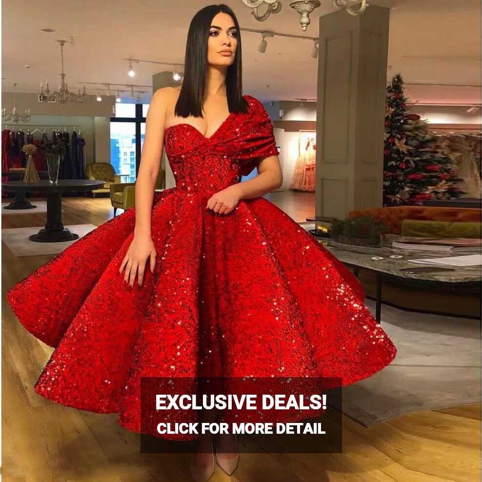 Sparkling Red One Shoulder Prom Dresses Sexy Knee Length Formal ...