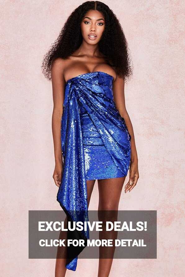 Sparkling Sequin Asymmetric Ruched Strapless Mini Dress - Royal ...