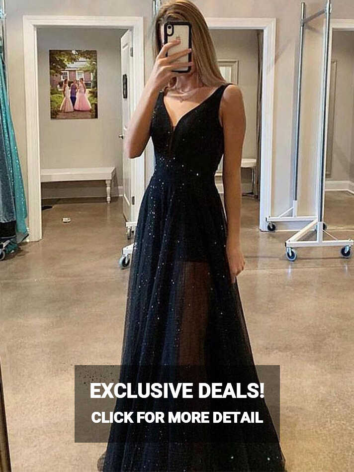 Sparkly Black A Line V Neck Sequins Long Prom Dresses, Black ...