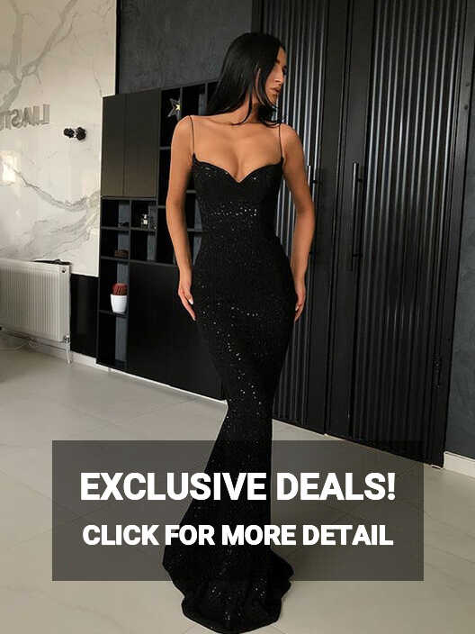 Sparkly Black Sequin Spaghetti Straps Mermaid Backless Prom ...