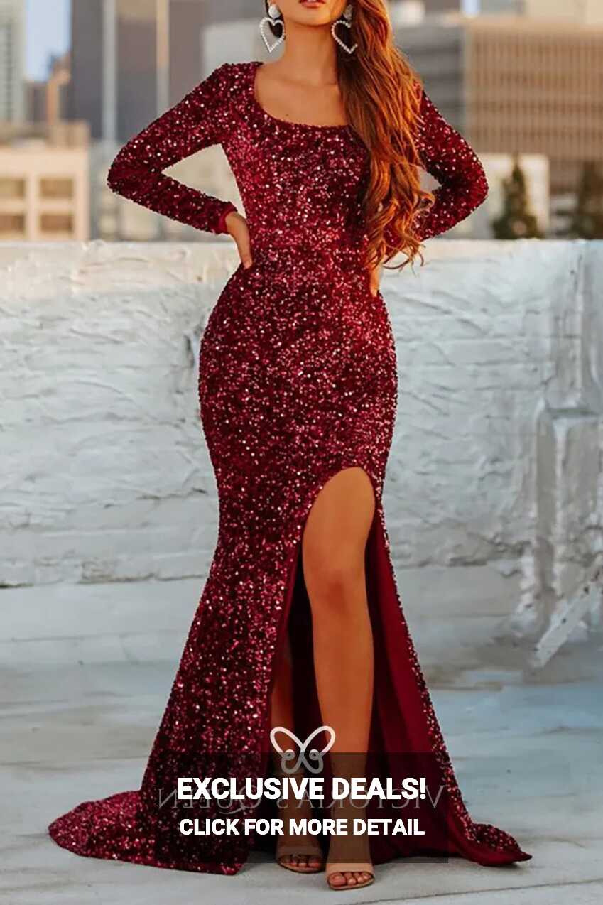 Sparkly Burgundy Metallic Sequin Long Sleeve Prom Dress - VQ