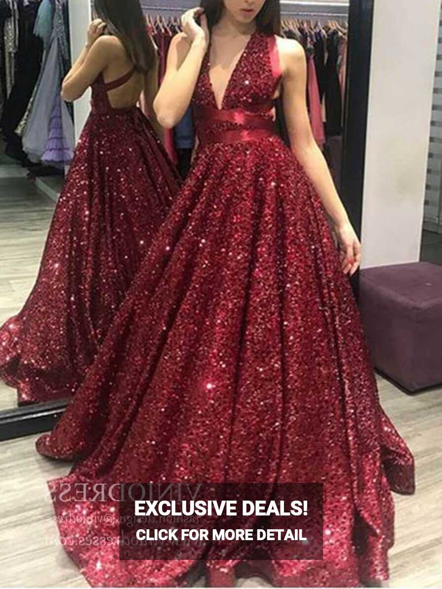 Sparkly Burgundy Sequin V Neck Prom Dresses Open Back Ball Gowns ...