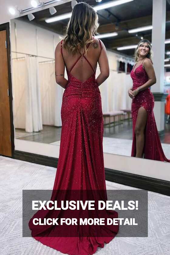 Sparkly Dark Red Sheath Long Prom Dress with Slit Y6682 ...