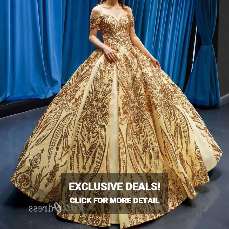 Sparkly Gold Lace Ball Gowns Off the Shoulder Prom Dresses 66709 ...