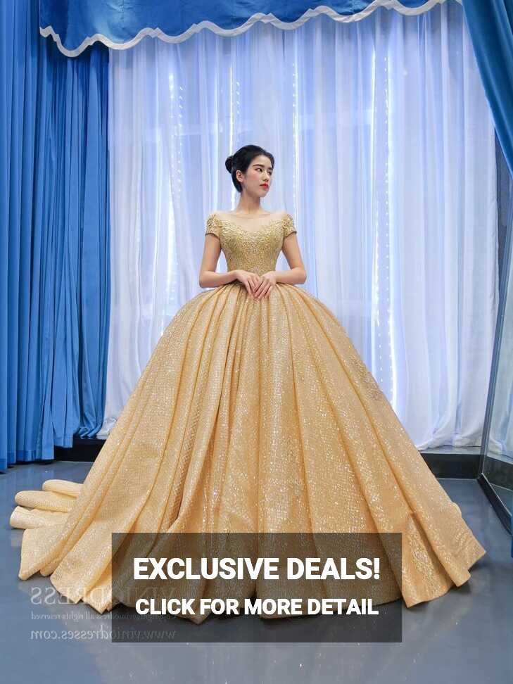 Sparkly Gold Lace Quince Dress Cap Sleeve Ball Gown Prom Princess ...