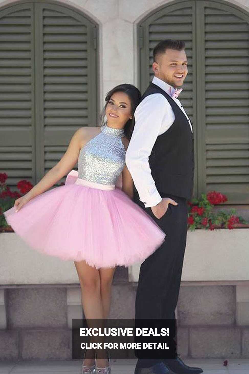 Sparkly High Neck Short Pink Homecoming Dress Party Dress – Pgmdress