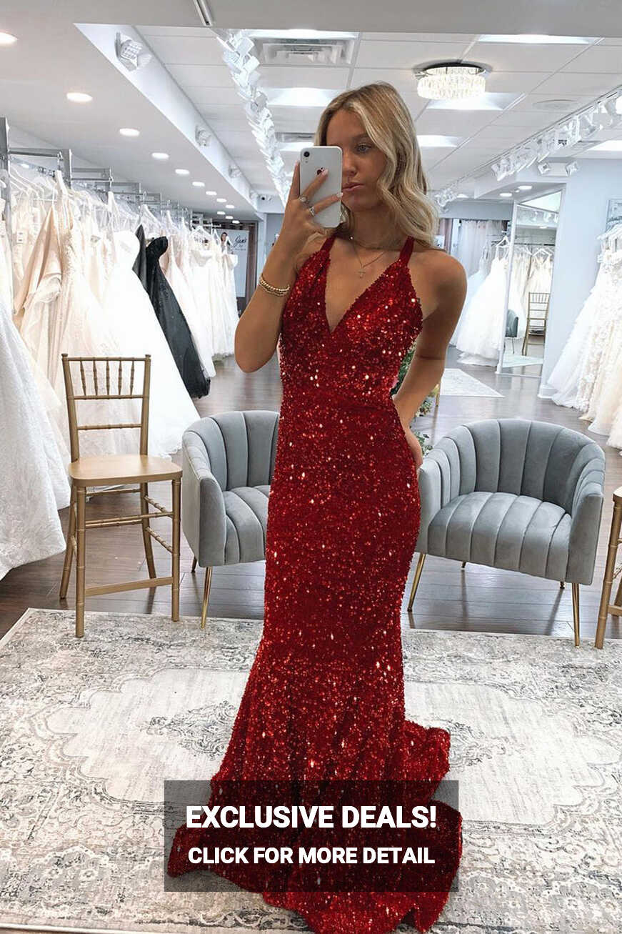 Sparkly Mermaid V Neck Dark Red Sequins Long Prom Dresses AB031502 ...