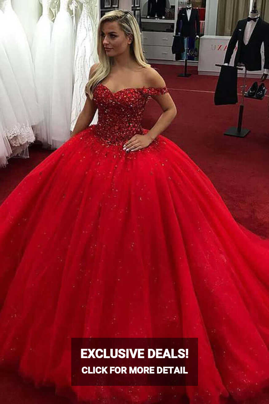 Sparkly Red Ball Gown Wedding Dresses Sweetheart Off Shoulder ...