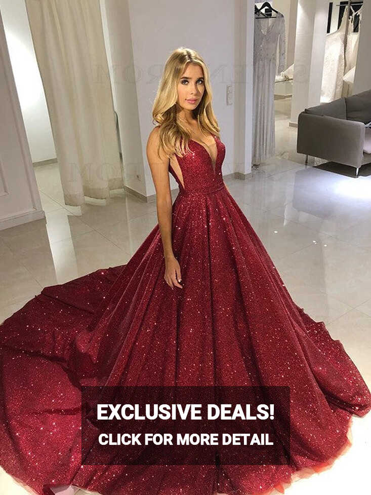 Sparkly V-Neck Glitter Burgundy Prom Dress Long Evening Dress ...