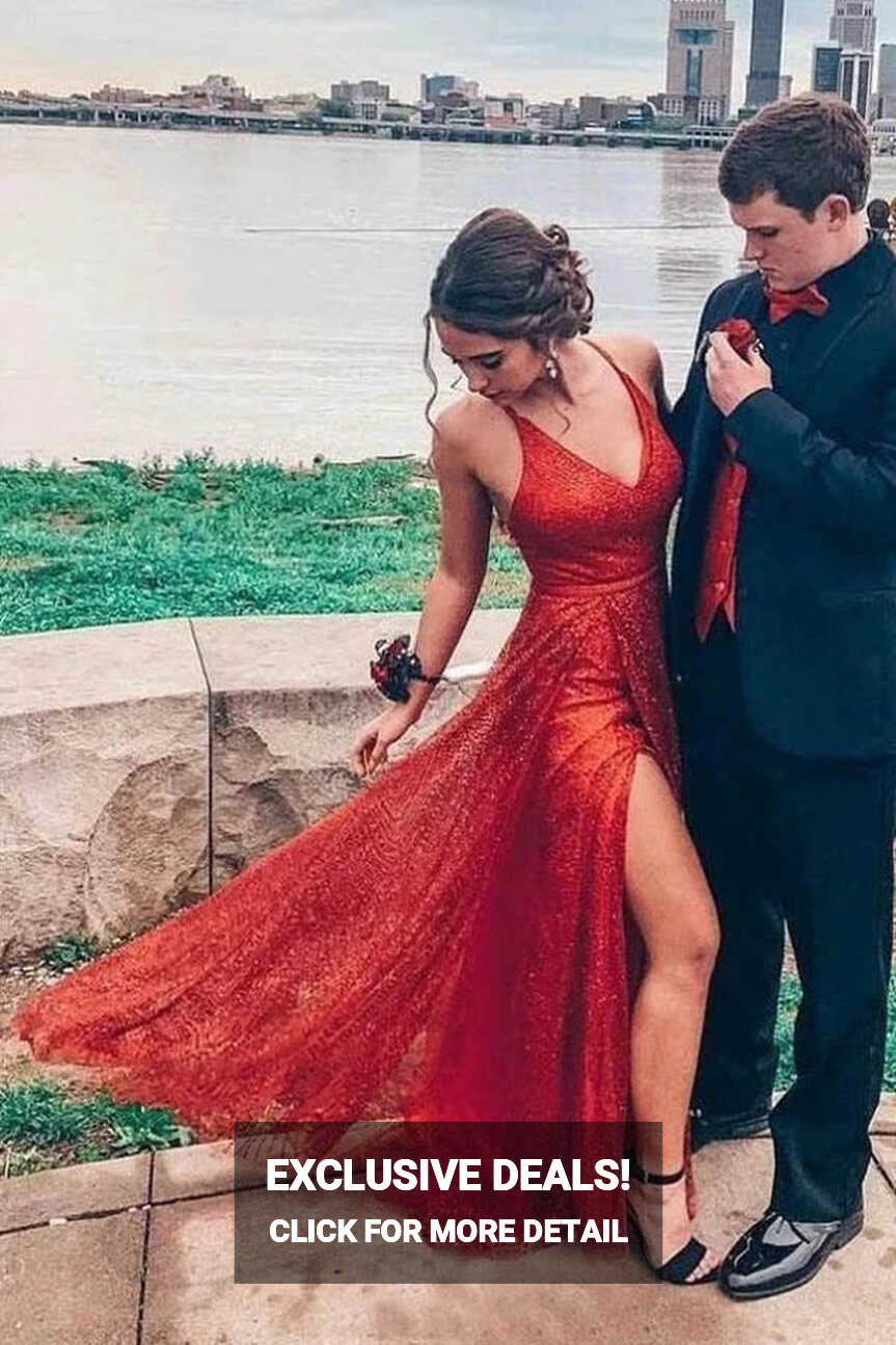 Sparkly V-neck Backless A-line Red Long Prom/Formal Dress With ...