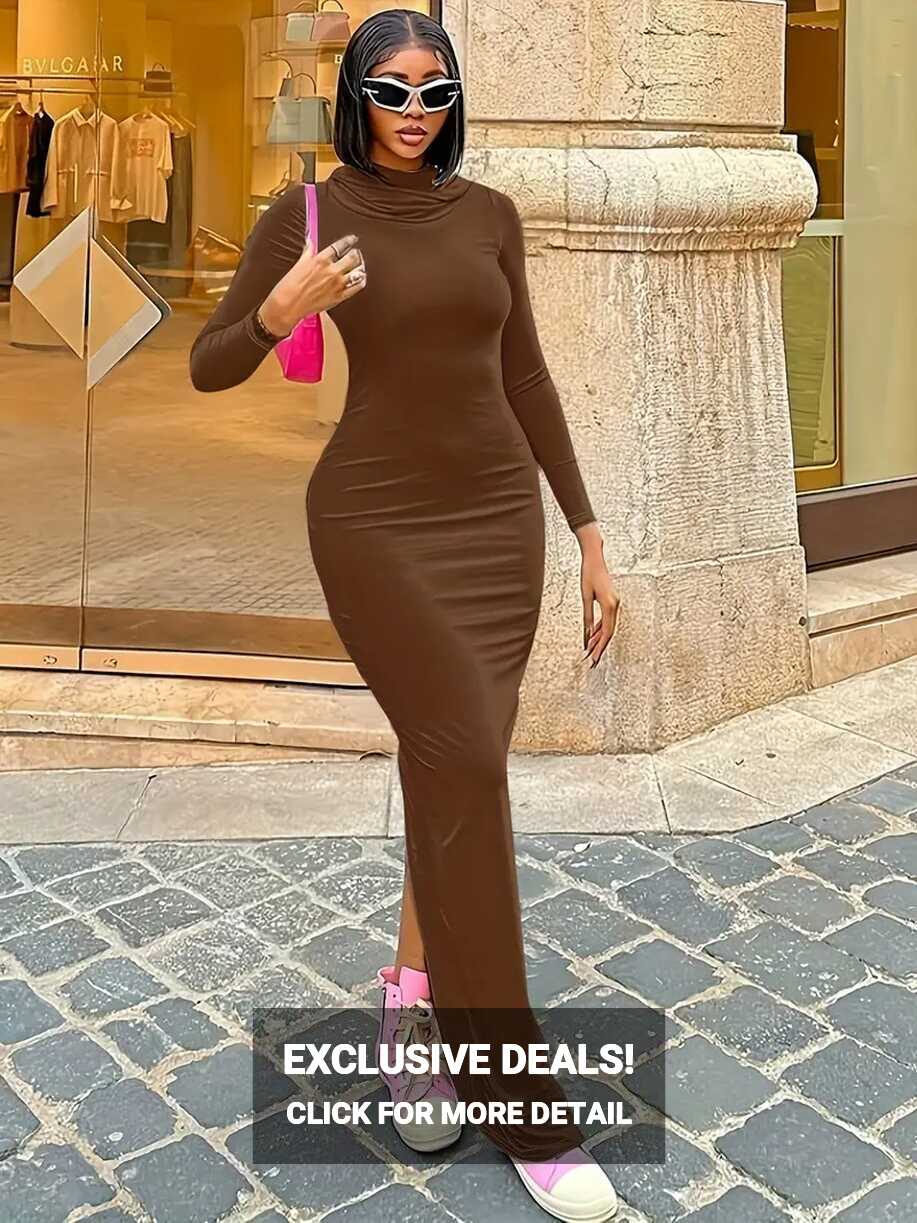 Split Hooded Dress Casual Solid Long Sleeve Bodycon Dress - Temu ...