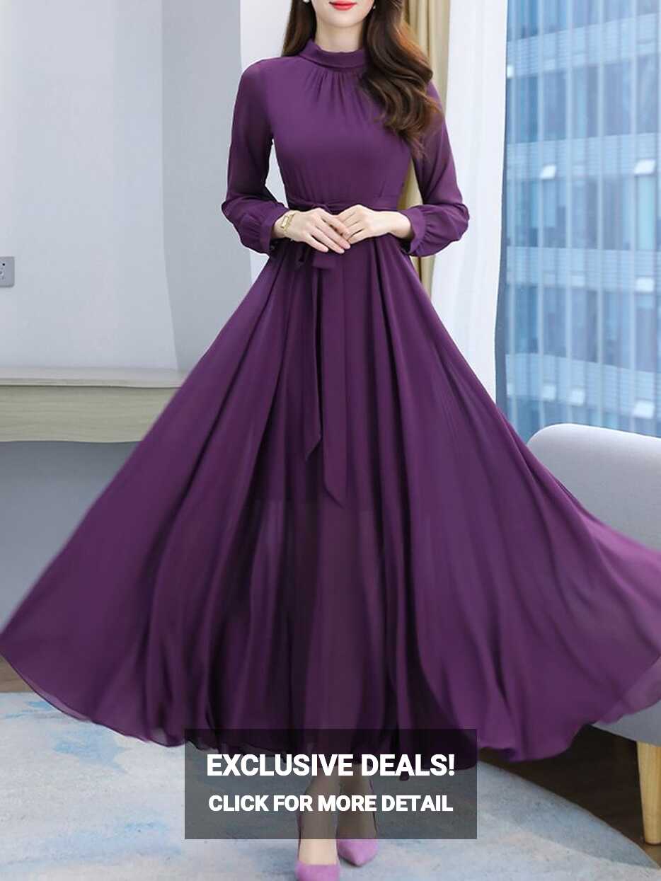 Spring And Autumn Pure Color Chiffon Long Sleeve Dress Purple 3XL