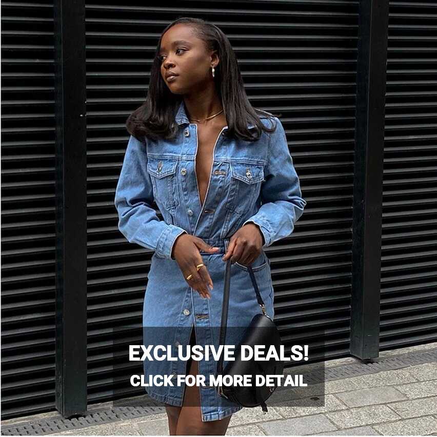 Spring Autumn Denim Dresses For Women Blue Long Sleeve Knee-length ...