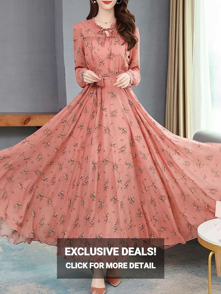 Spring/Fall Floral Elegant Chiffon Long Sleeve Dress Pink S