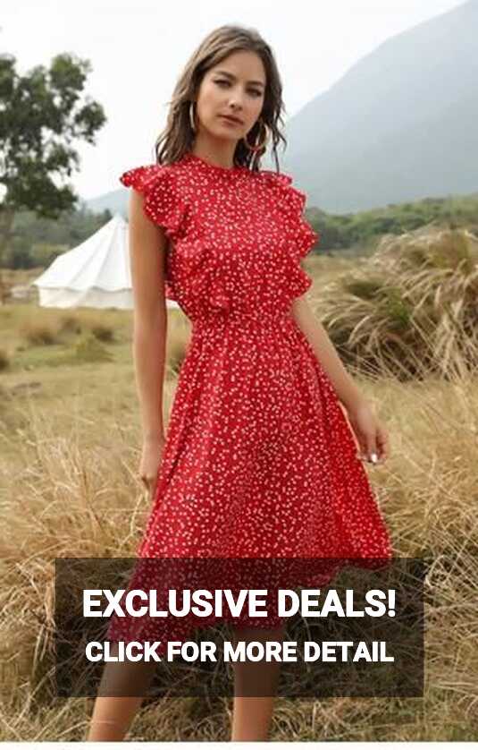 Spring Love Floral Print Ruffle Midi Red Dress