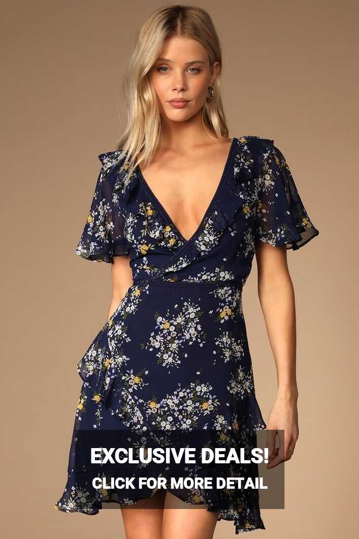 Spring Sweetheart Navy Blue Floral Flutter Sleeve Mini Dress