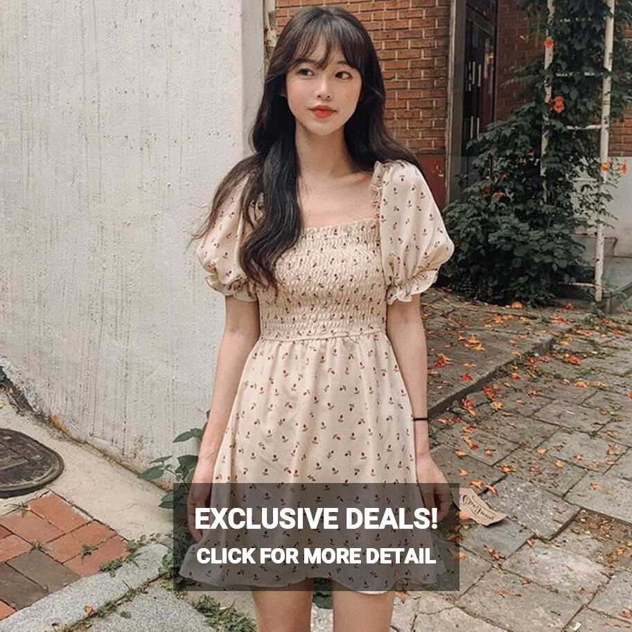 Square Collar Chiffon Floral Dress Kawai Black Mini NEW Korean ...