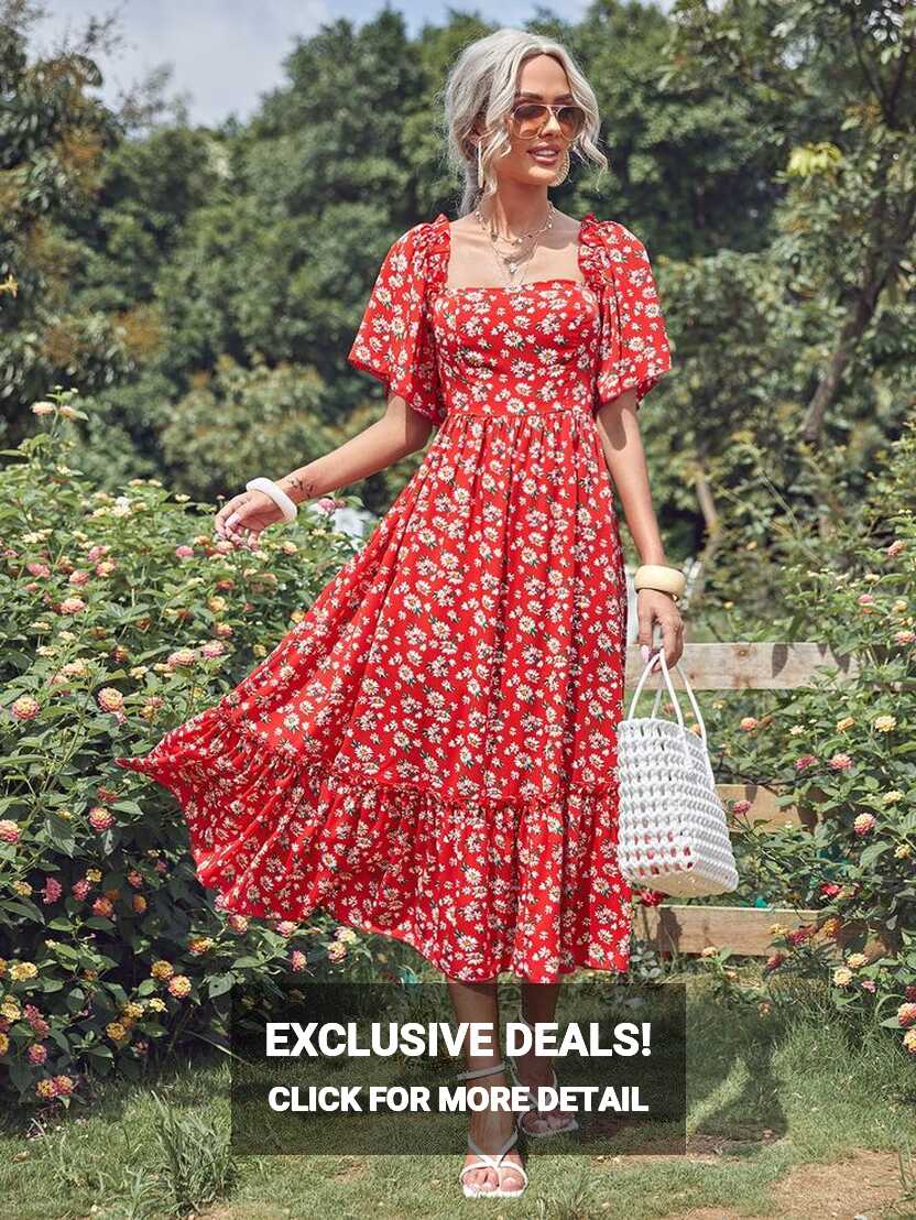 Square Neck Butterfly Sleeve Floral Dress | Summer dresses, Floral ...