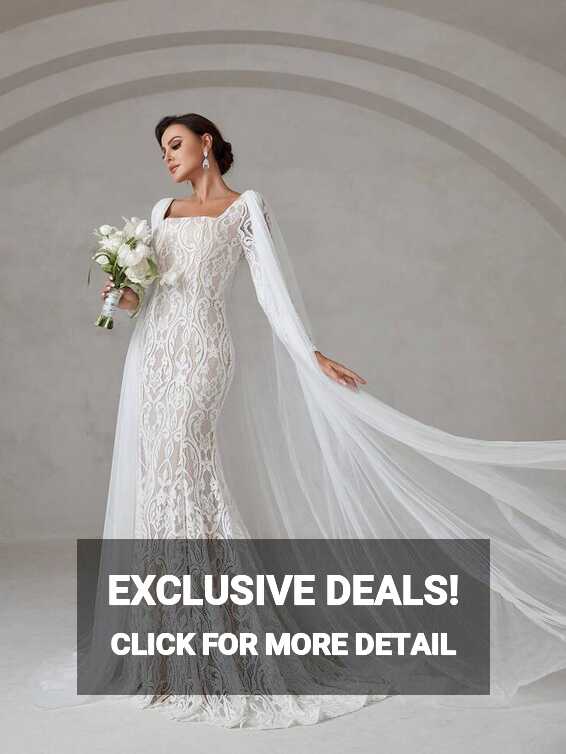 Square Neck Floor Length Lace Wedding Dress | SHEIN USA