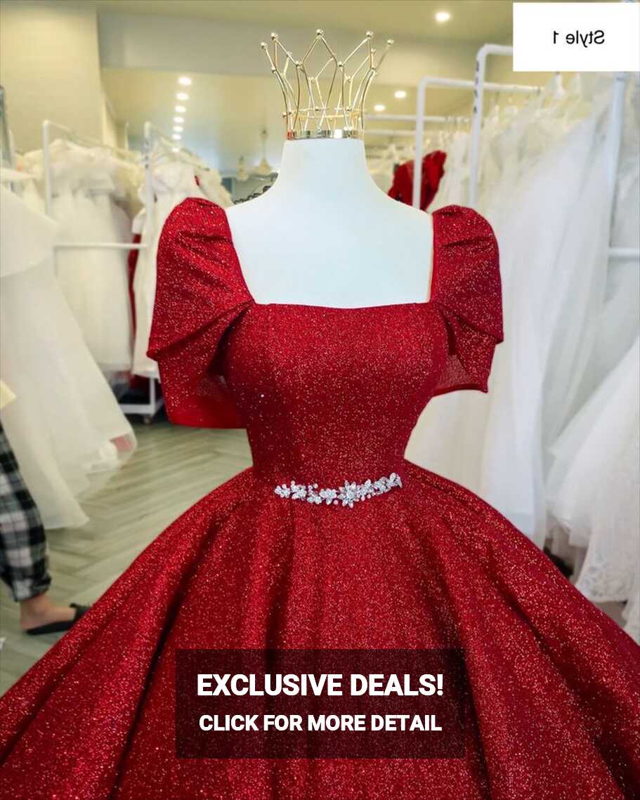 Square or illusion sweetheart neck red sparkle beaded ball gown ...