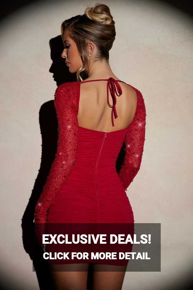 St Germain Long Sleeve Embellished Mini Dress in Red | Oh Polly