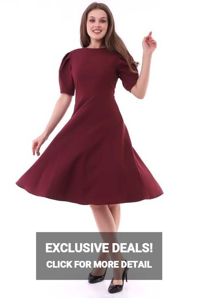 Stil Adventure Claret Red Dress with Bell Skirt, Balloon Sleeves ...